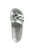 Silver Rag Company stylish vacation sandals for women with metallic chain detail on top