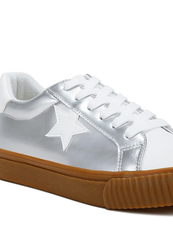 Women's silver sneakers, faux leather, great walking shoes for sightseeing tours