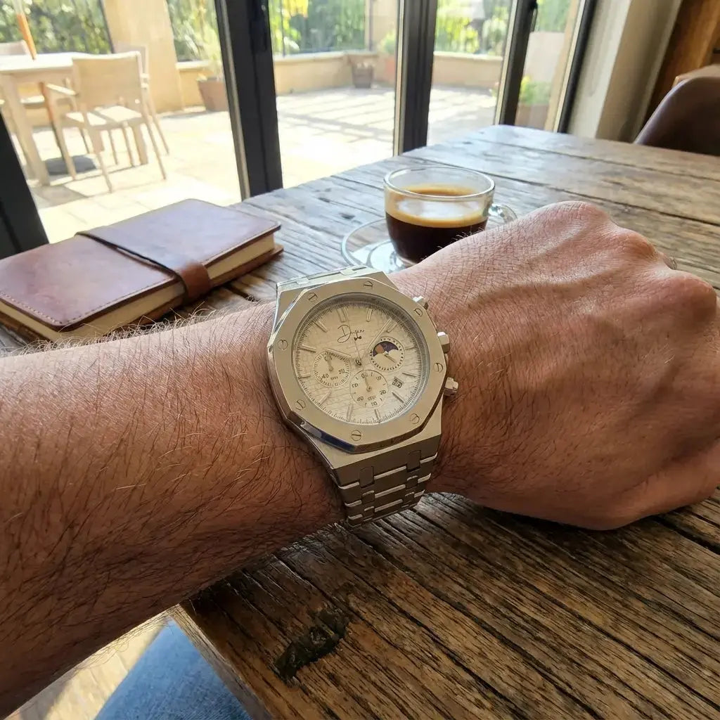 silver wrist watch by Dapper Watches on male wrist