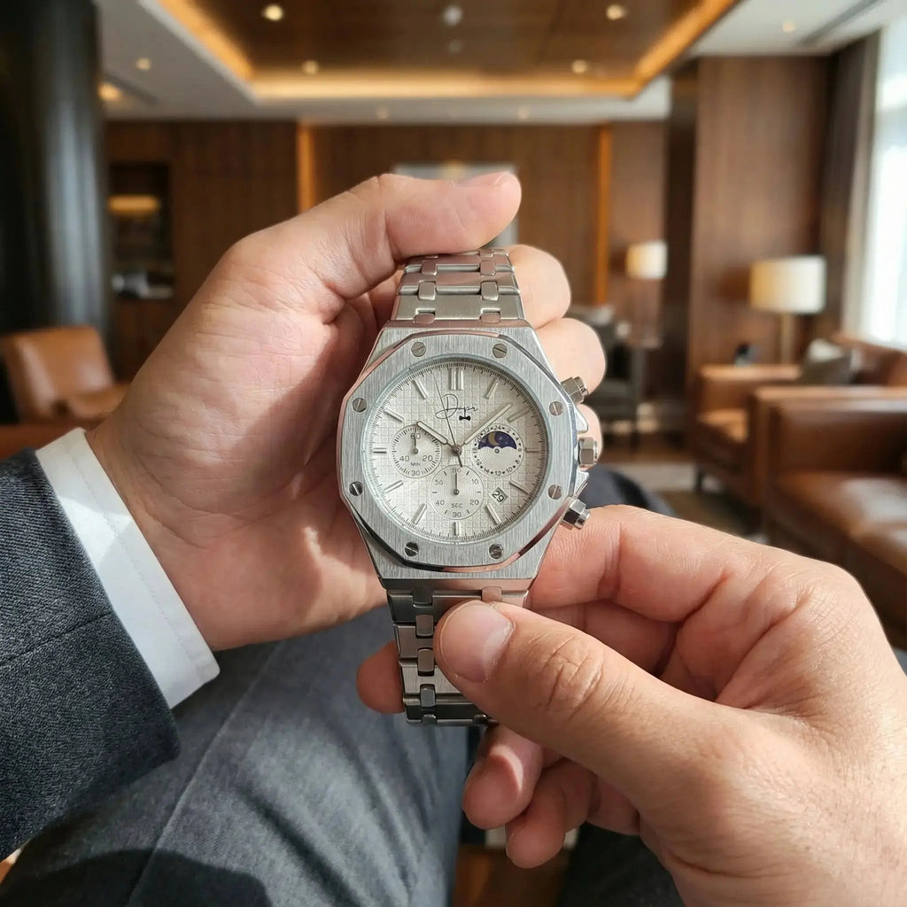 Men's silver wrist watch with sleek design for formal occasions