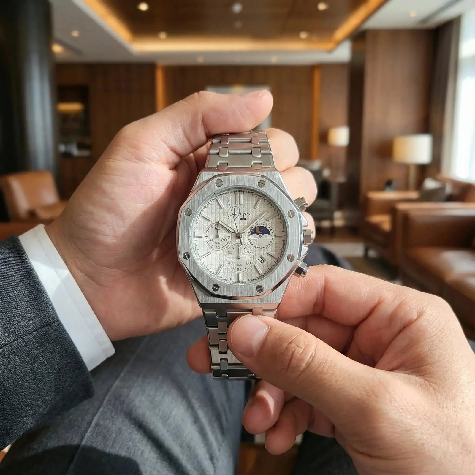 Men's silver wrist watch with sleek design for formal occasions