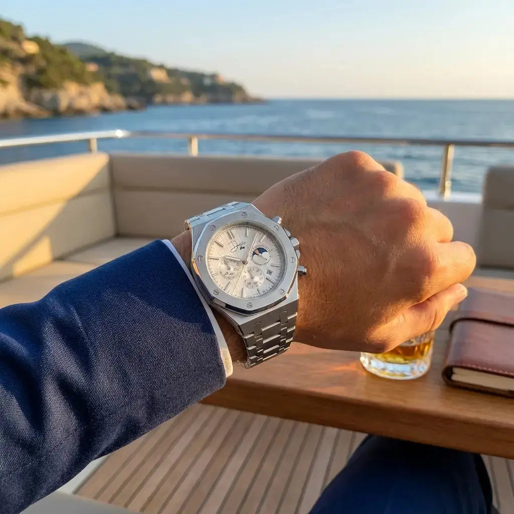 Men's silver wrist watch, stainless steel, ideal for elegant occasions