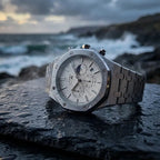 Men's silver wrist watch with chronograph features, stylish for casual wear