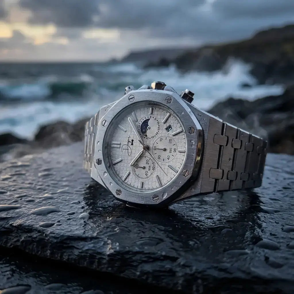 Men's silver wrist watch with chronograph features, stylish for casual wear