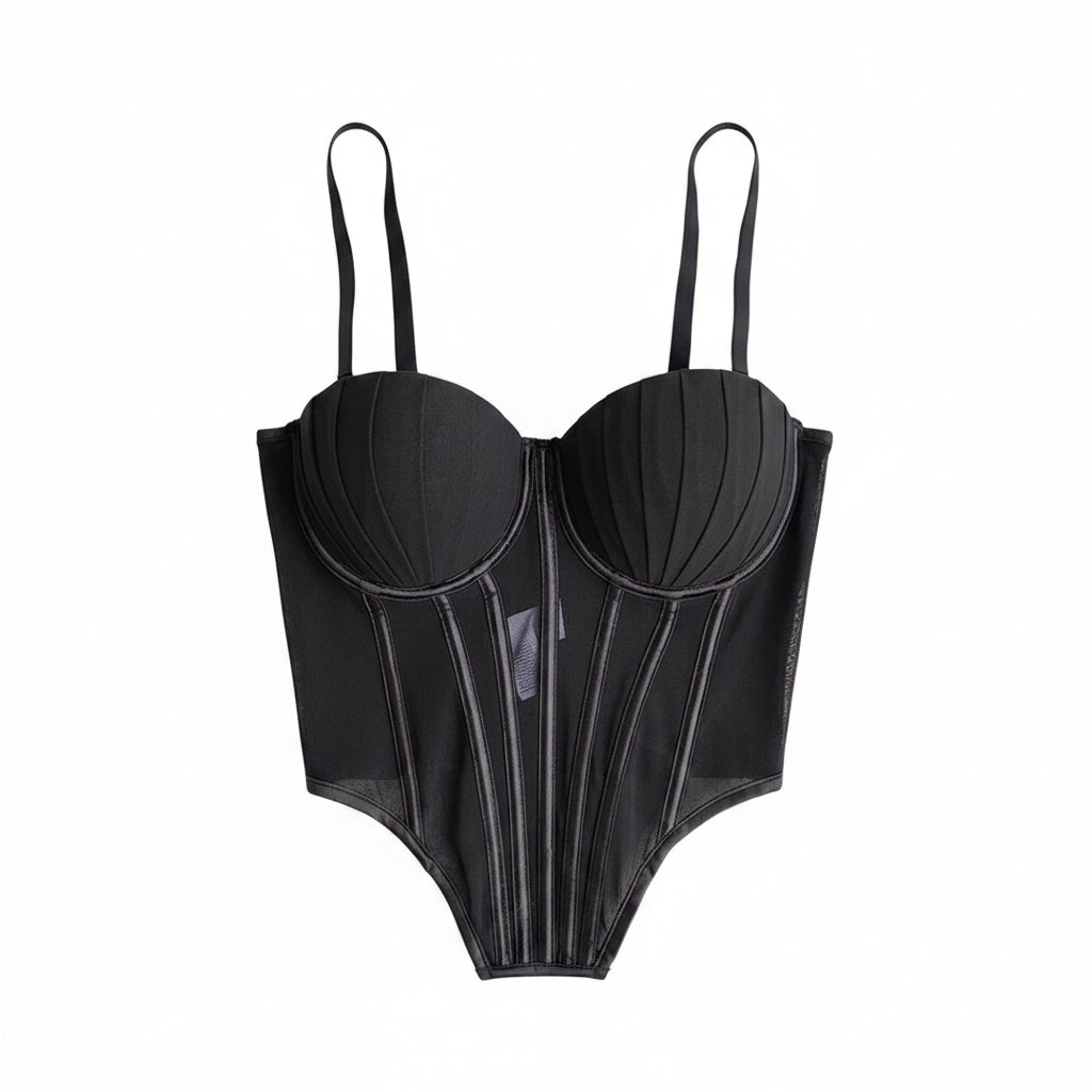 Black sexy bustier camisole for ladies with structured cups and adjustable straps on black surface