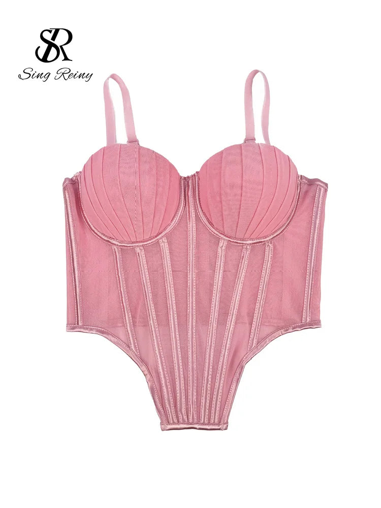 Pink Sheer Sexy Bustier Camisole for Ladies with Adjustable Straps and Structured Cups