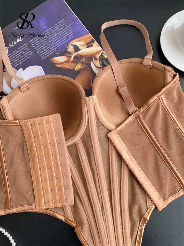 Beige sexy bustier camisole for ladies with adjustable straps and hook closure by VacationGrabs