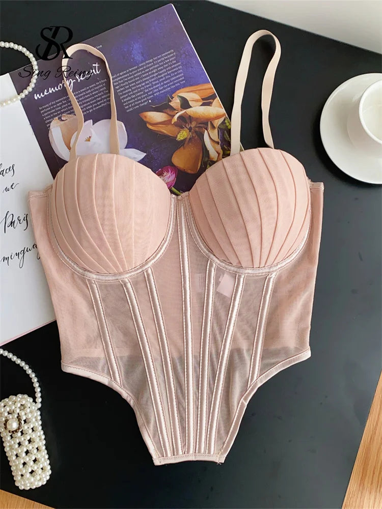 Beige sexy bustier camisole for ladies with structured cups and adjustable shoulder straps