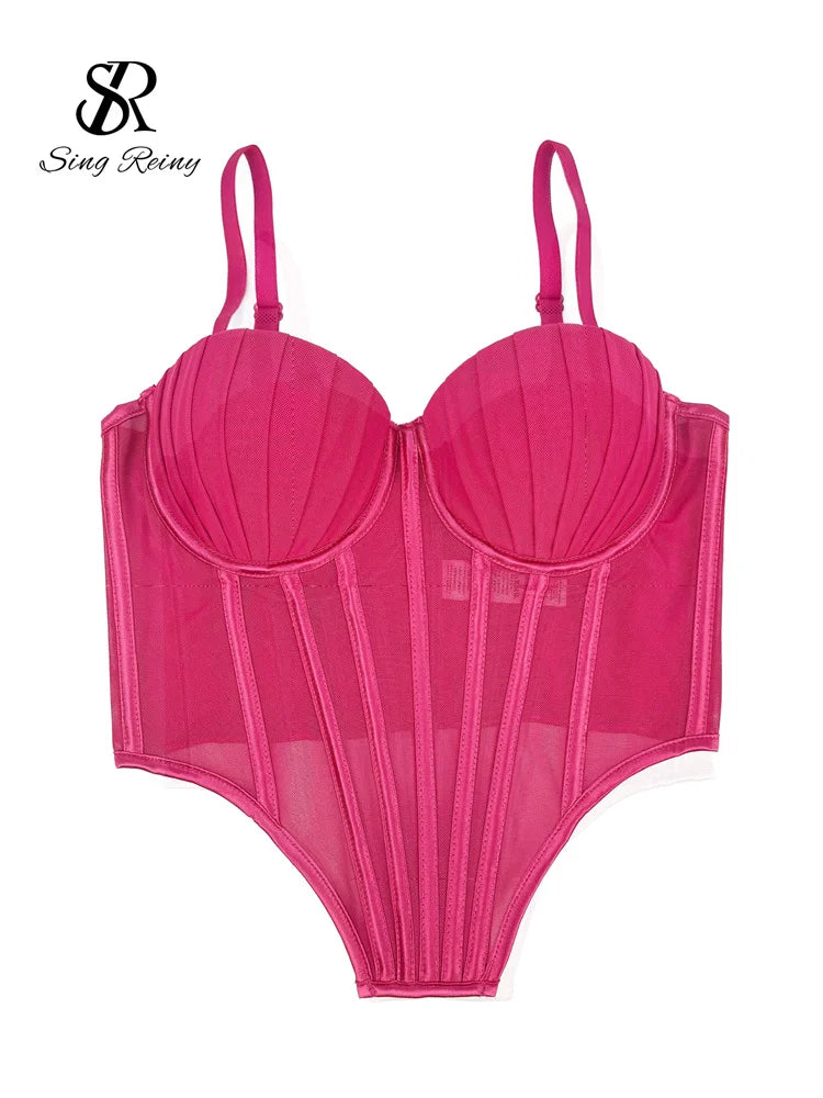 Pink sexy bustier camisole for ladies with adjustable straps and structured cups