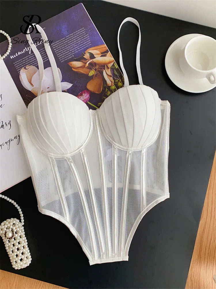 White sexy bustier camisole for ladies with structured cups and sheer mesh fabric detail