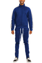 Men's 2PC Track Set in Blue with Silver Accents featuring a single stripe track suit design
