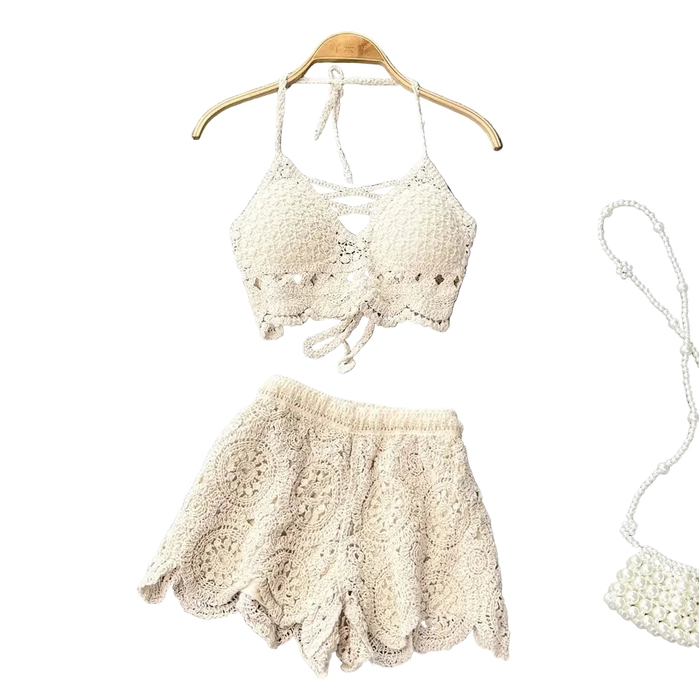 Women's crochet two piece set in beige for beach outings