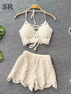 women's crochet two piece set, stylish beach outfit in beige