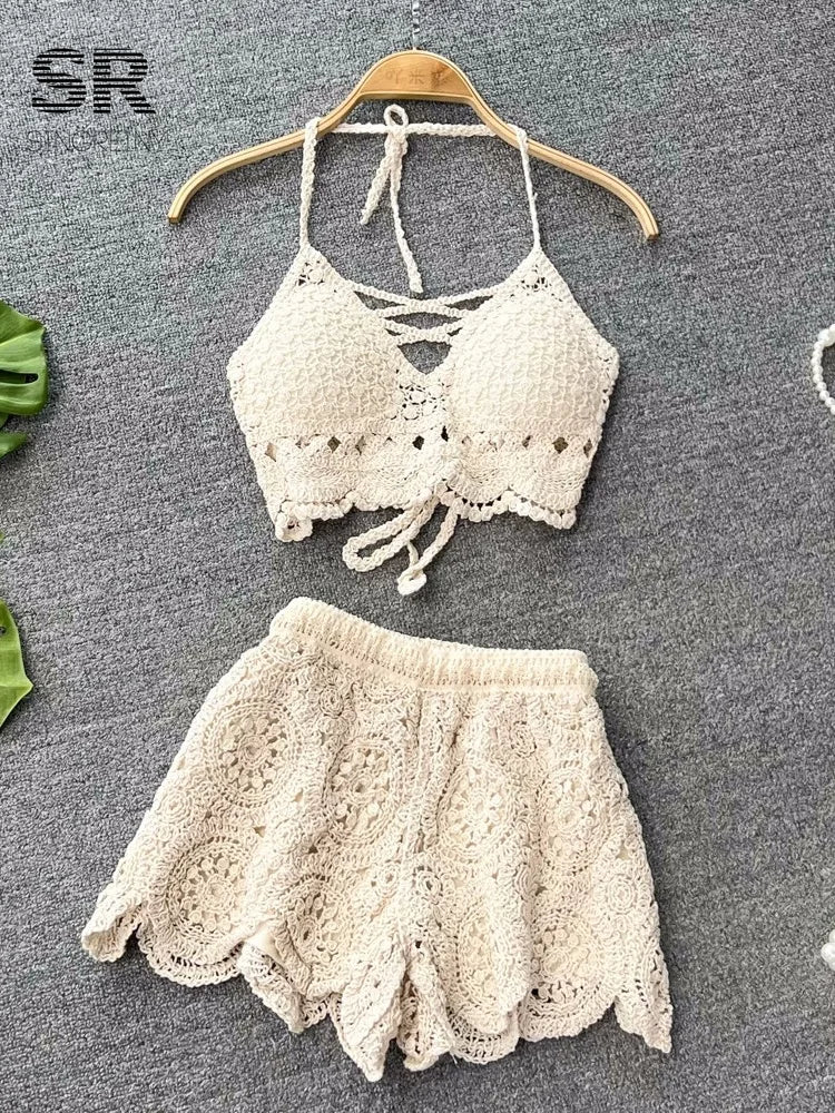 women's crochet two piece set, stylish beach outfit in beige