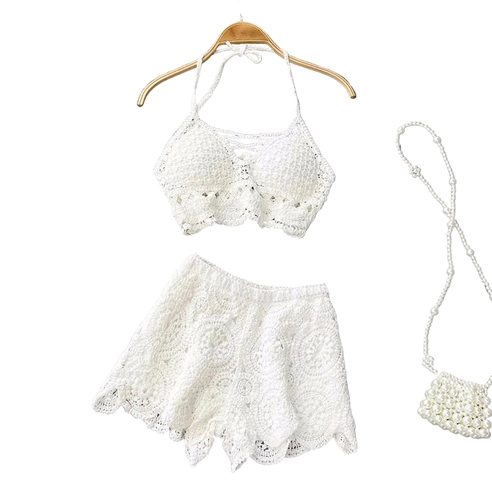 Women's white crochet two piece set for beach outings