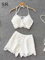 white crochet two piece set for beach relaxation