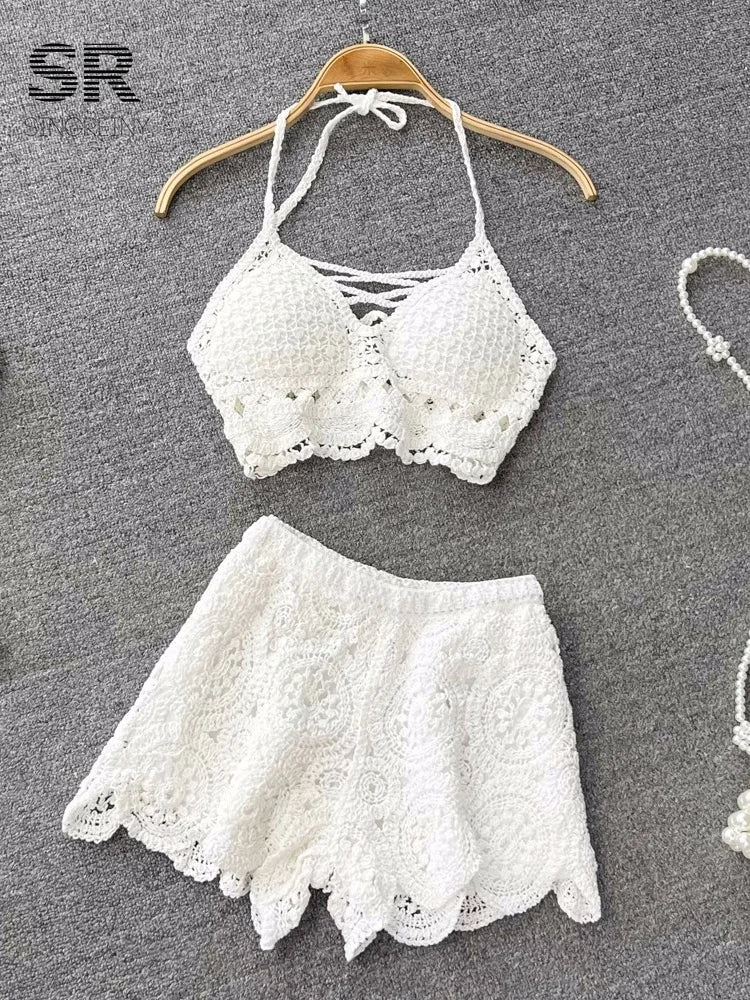 white crochet two piece set for beach relaxation