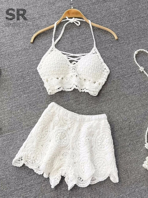 white crochet two piece set for beach relaxation