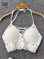 White crochet two piece set, perfect for beachwear and sunbathing