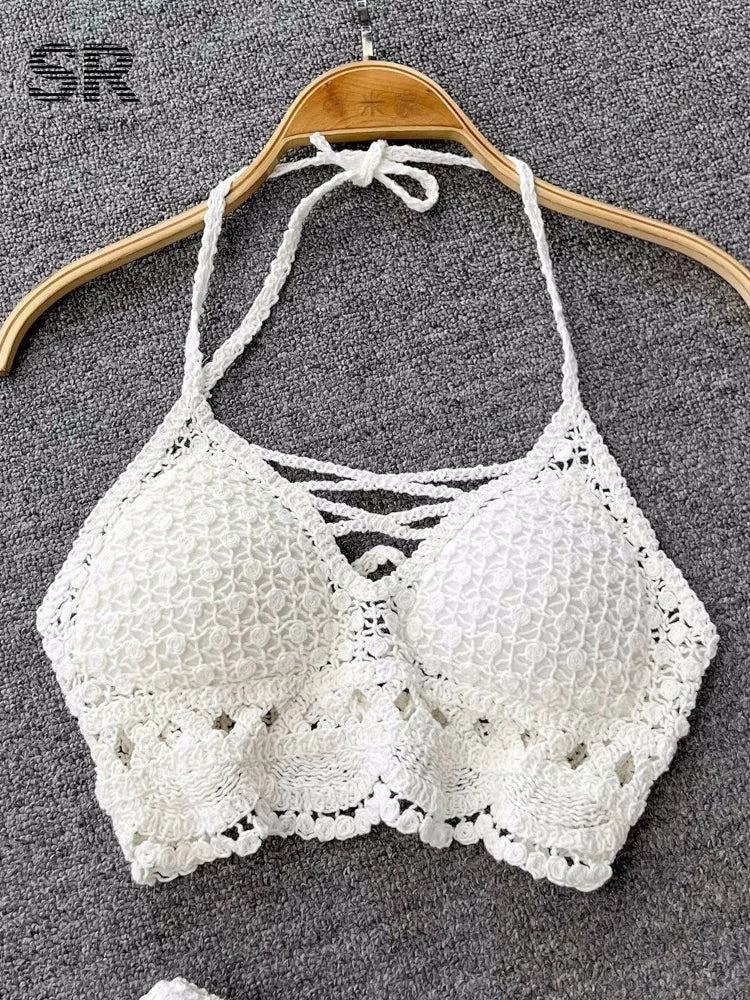 White crochet two piece set, perfect for beachwear and sunbathing