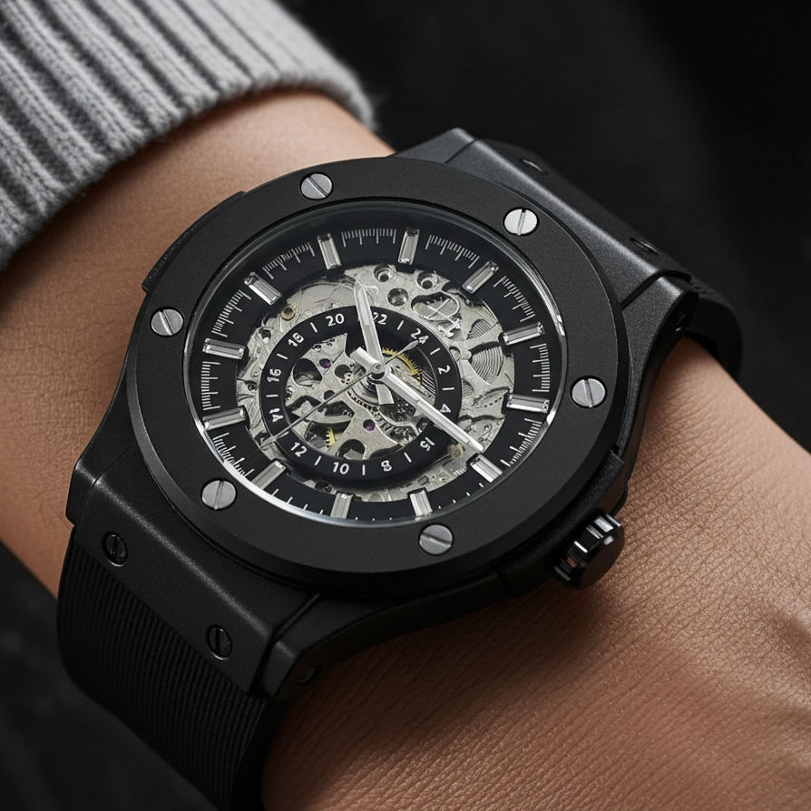 Dapr Watches Skeleton automatic watch for men with a black case and visible mechanics on wrist