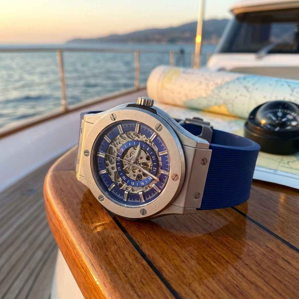 Dapper skeleton watch with blue strap, perfect for casual outings