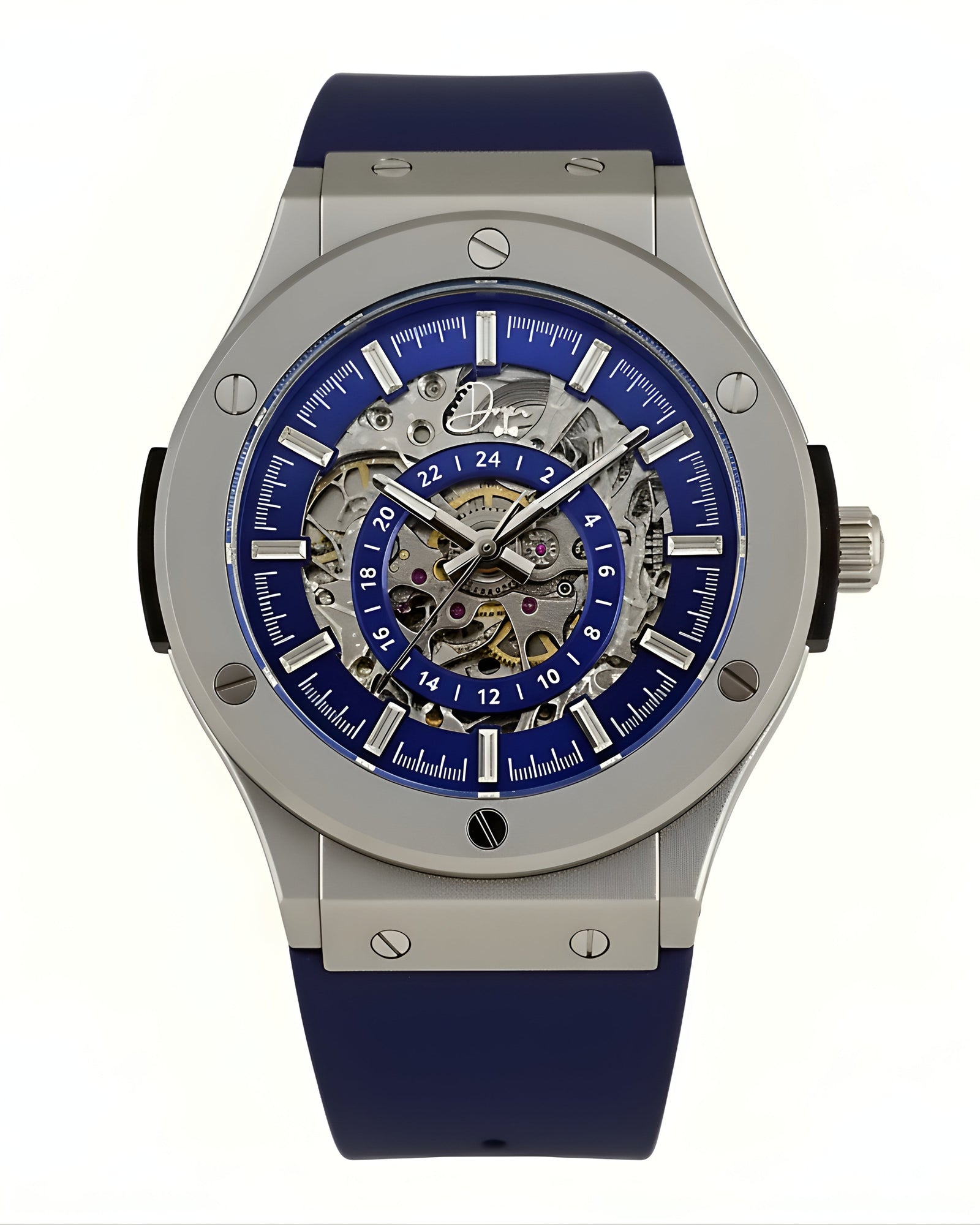 Dapper men's skeleton watch with blue dial and silicone strap
