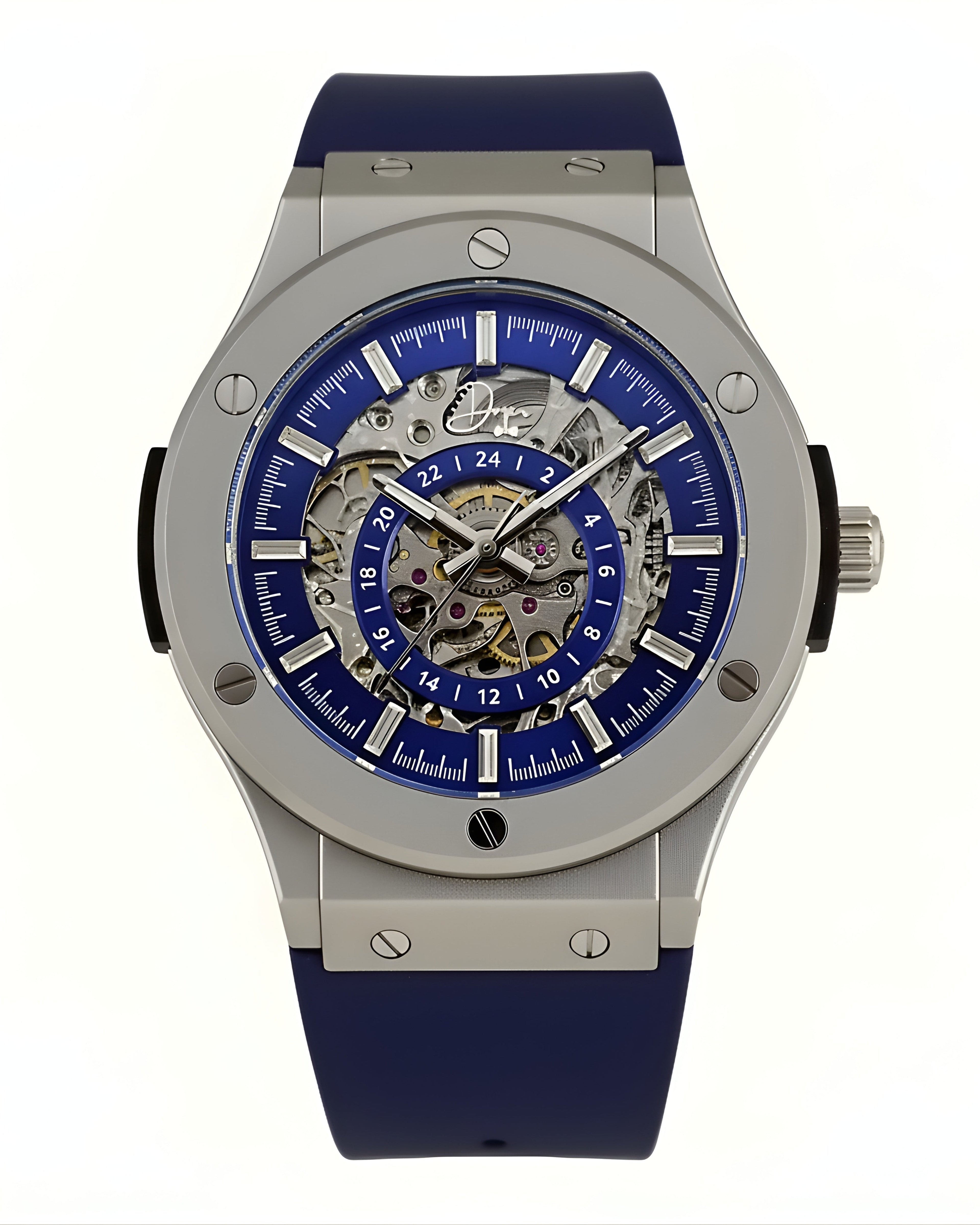 Dapper men's skeleton watch with blue dial and silicone strap