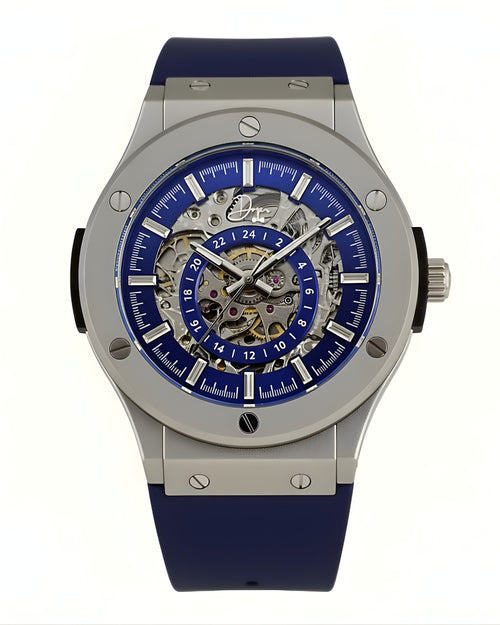 Dapper men's skeleton watch with blue dial and silicone strap