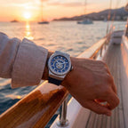 Dapper skeleton watch with blue dial, perfect for stylish occasions