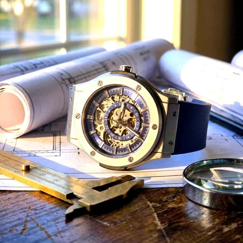 Dapper skeleton watch with blue face and silver stainless steel case