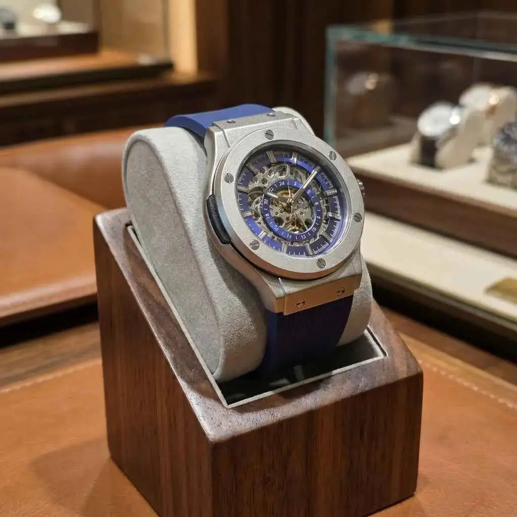 Men's skeleton watch with blue strap, stylish design for any occasion