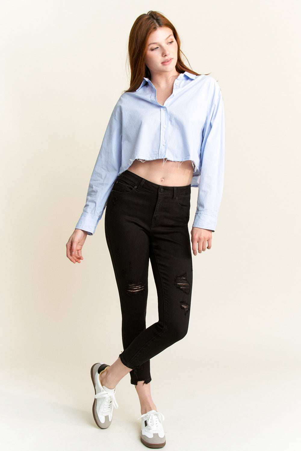 Women's black skinny pants jeans, stylish with distressed details