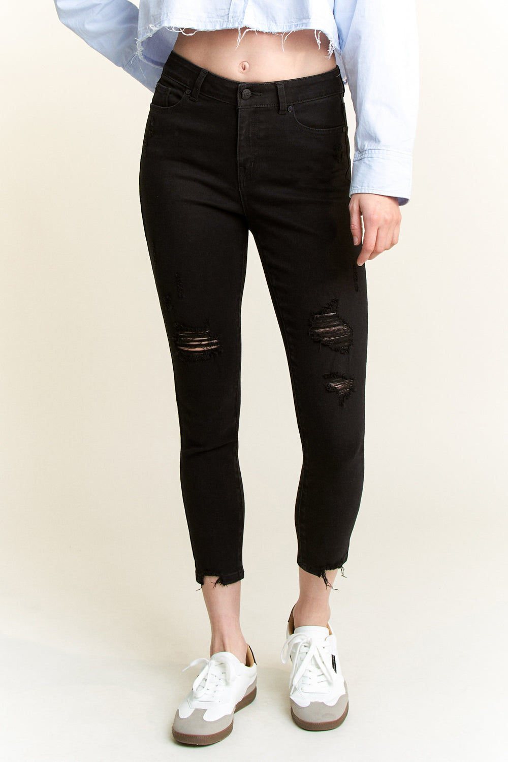 Women's black skinny pants jeans, distressed style for casual wear
