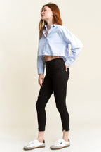 Women’s black skinny pants jeans, distressed style, casual wear