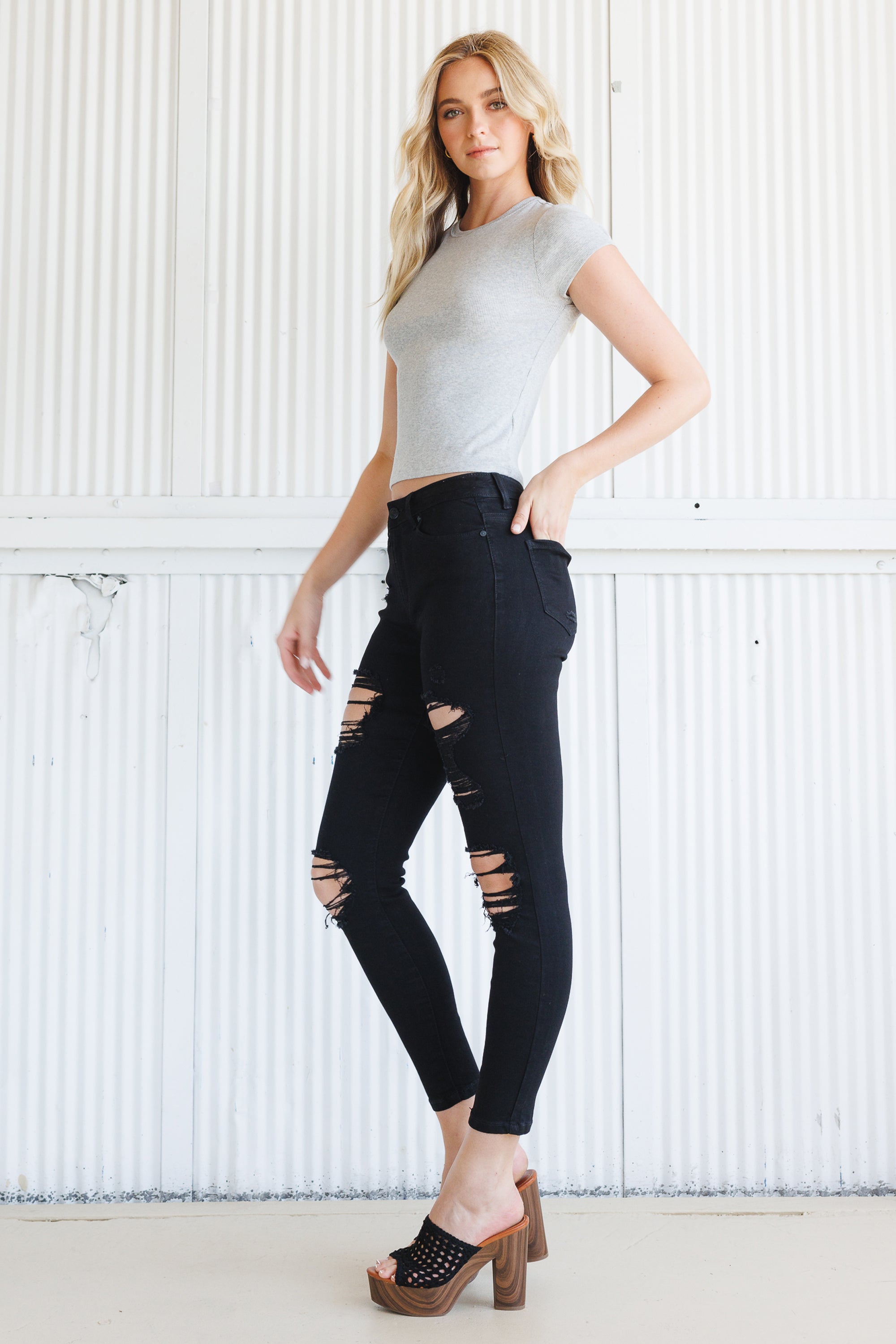 Women's black skinny pants jeans, ripped design for casual wear