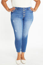 Women's blue skinny pants jeans with button details, casual wear