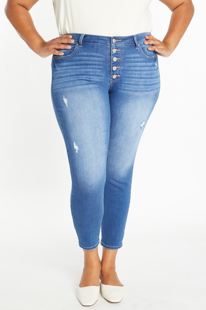 Women's blue skinny pants jeans with button details, casual wear