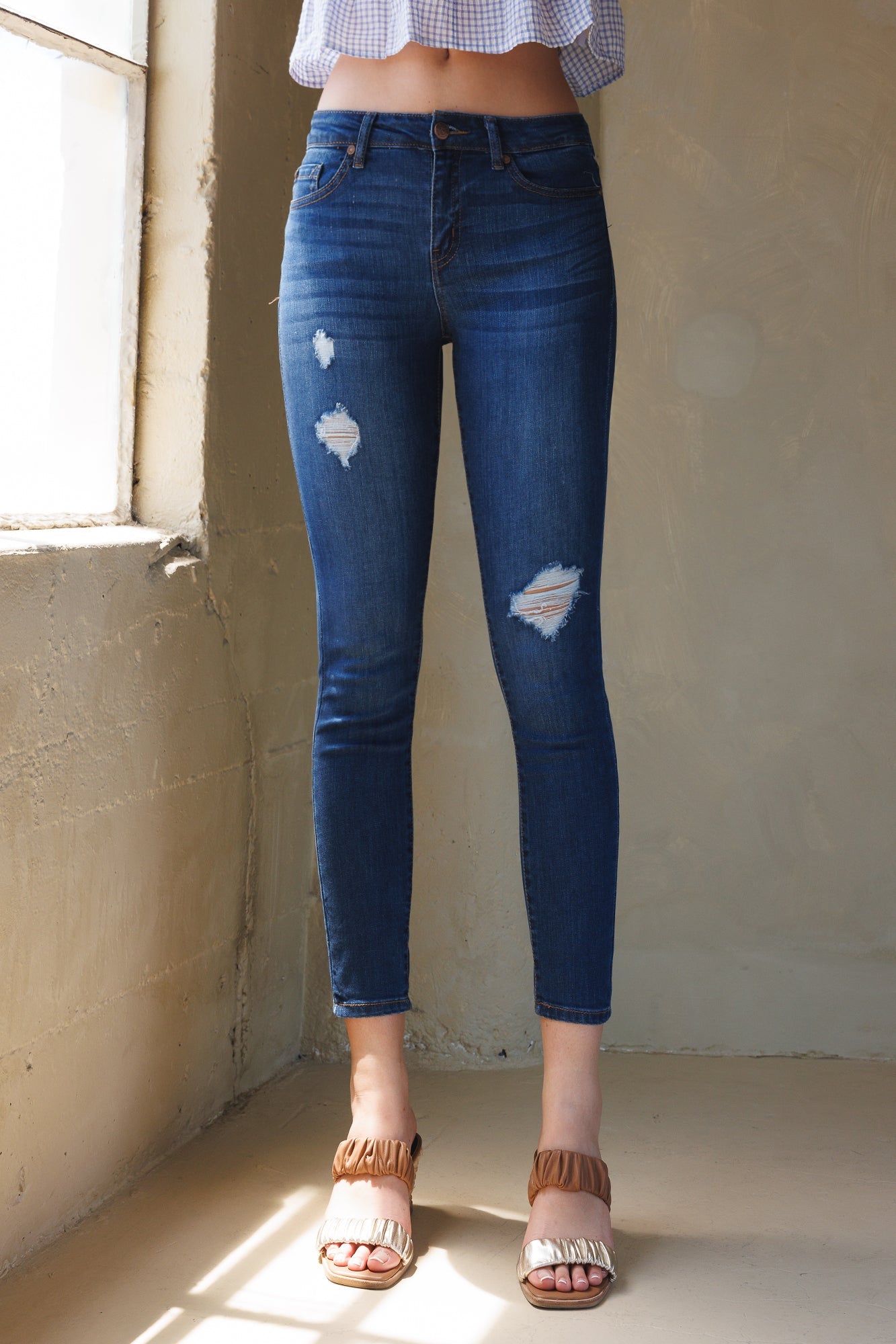 Women's blue skinny pants jeans, distressed for casual style
