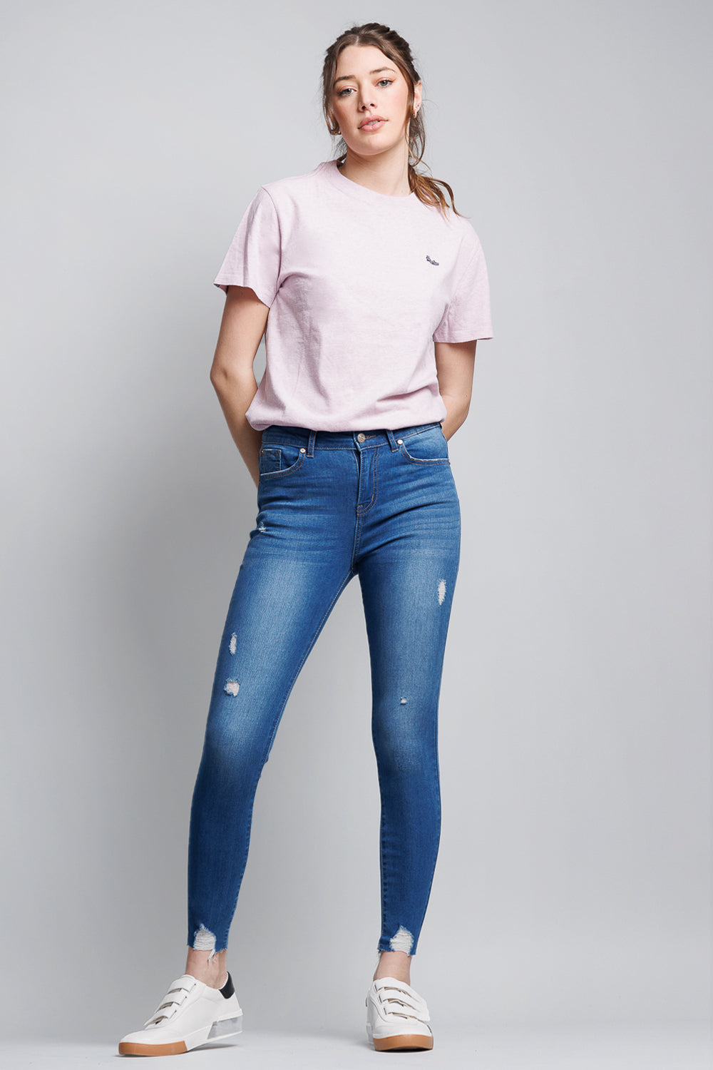 Women's blue skinny pants jeans, distressed style for casual wear