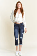 Women's distressed skinny pants jeans in dark wash, perfect for casual outings