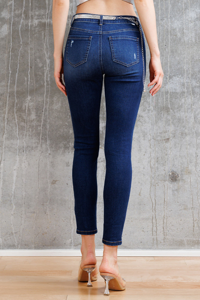 Women's dark blue skinny pants jeans, stretchy denim for a sleek look