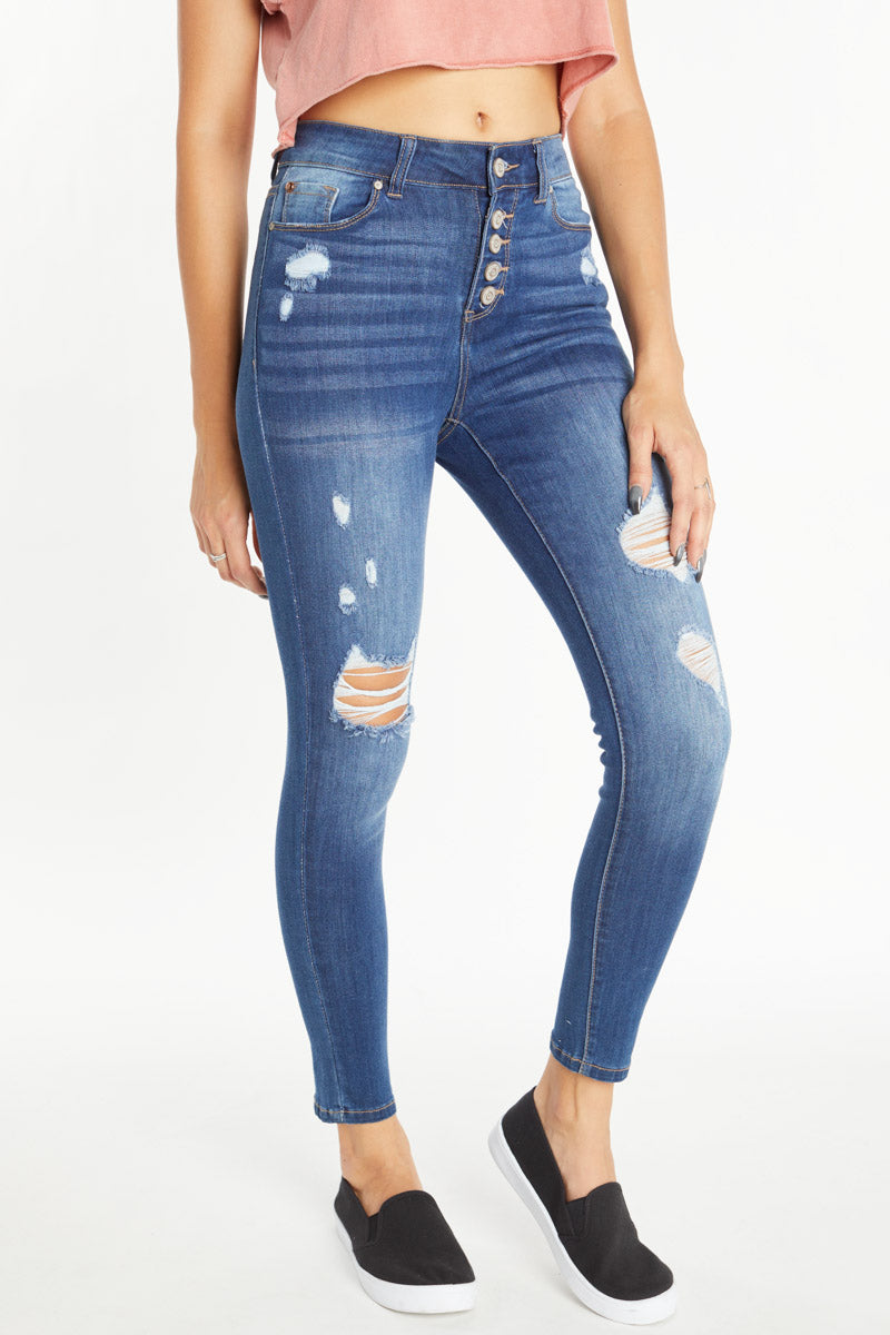 Women's distressed skinny pants jeans in blue denim for casual wear