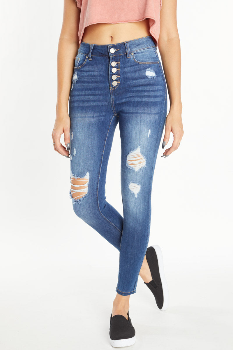 Women's distressed skinny pants jeans in dark blue denim, casual wear