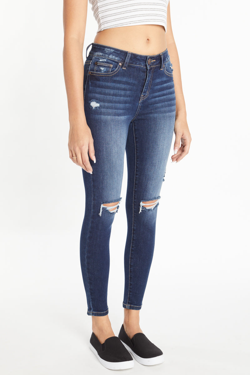 Women's distressed dark wash skinny pants jeans, perfect for casual outings