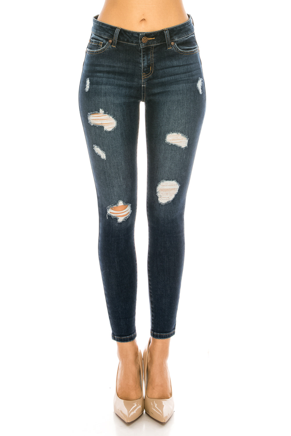 Women's dark denim skinny pants jeans with distressed details
