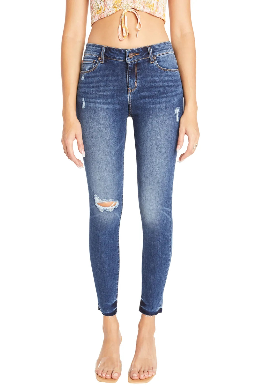 Women's blue skinny pants jeans, distressed denim, casual wear