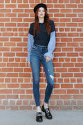 Women's dark blue skinny pants jeans with stylish rips, perfect for casual wear