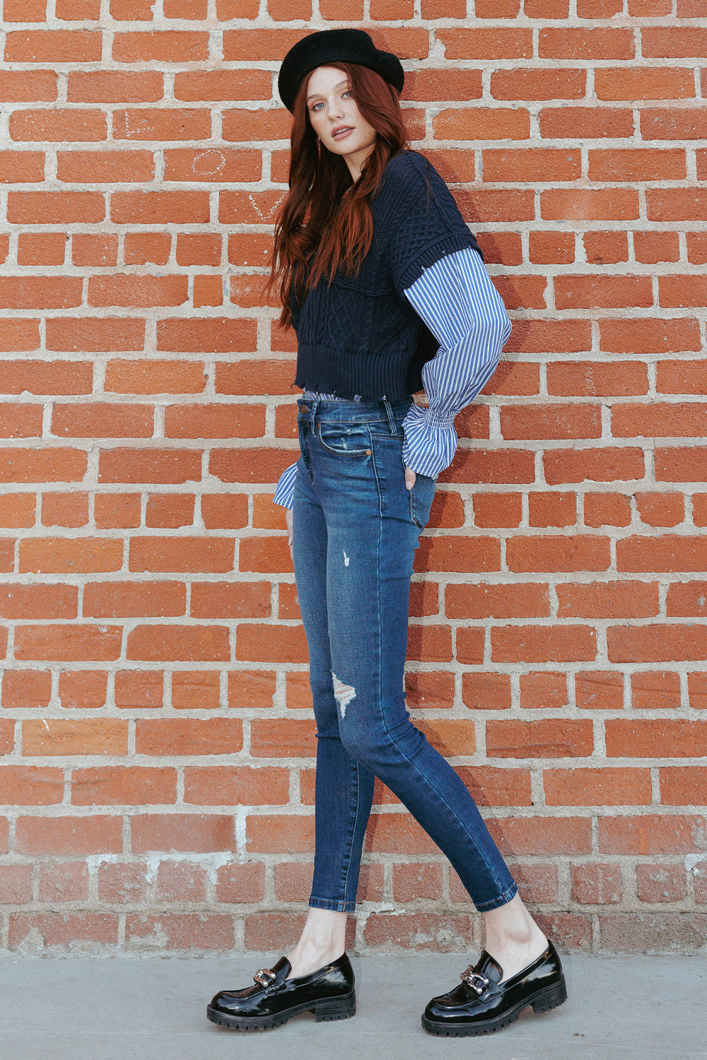 Women's blue skinny pants jeans, high-waisted with distressed details