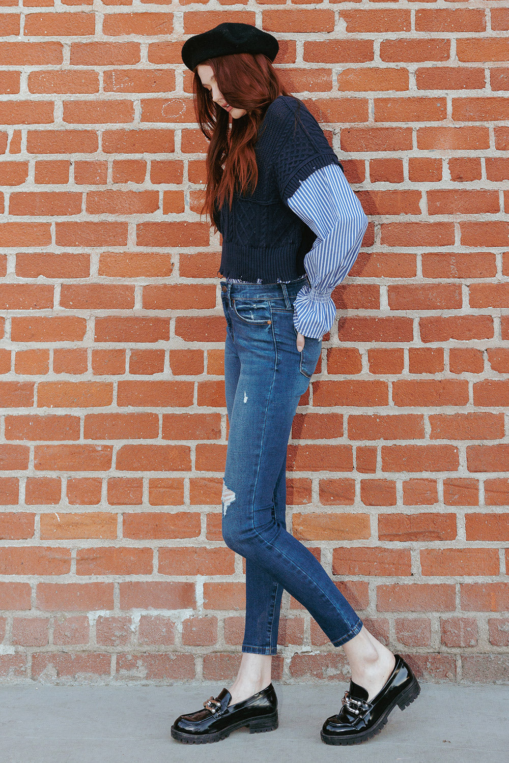 Women's blue skinny pants jeans, distressed design, casual wear